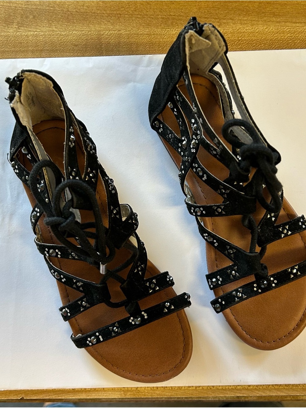 Black Rhinestone Lace-Up Gladiator Sandals for Women